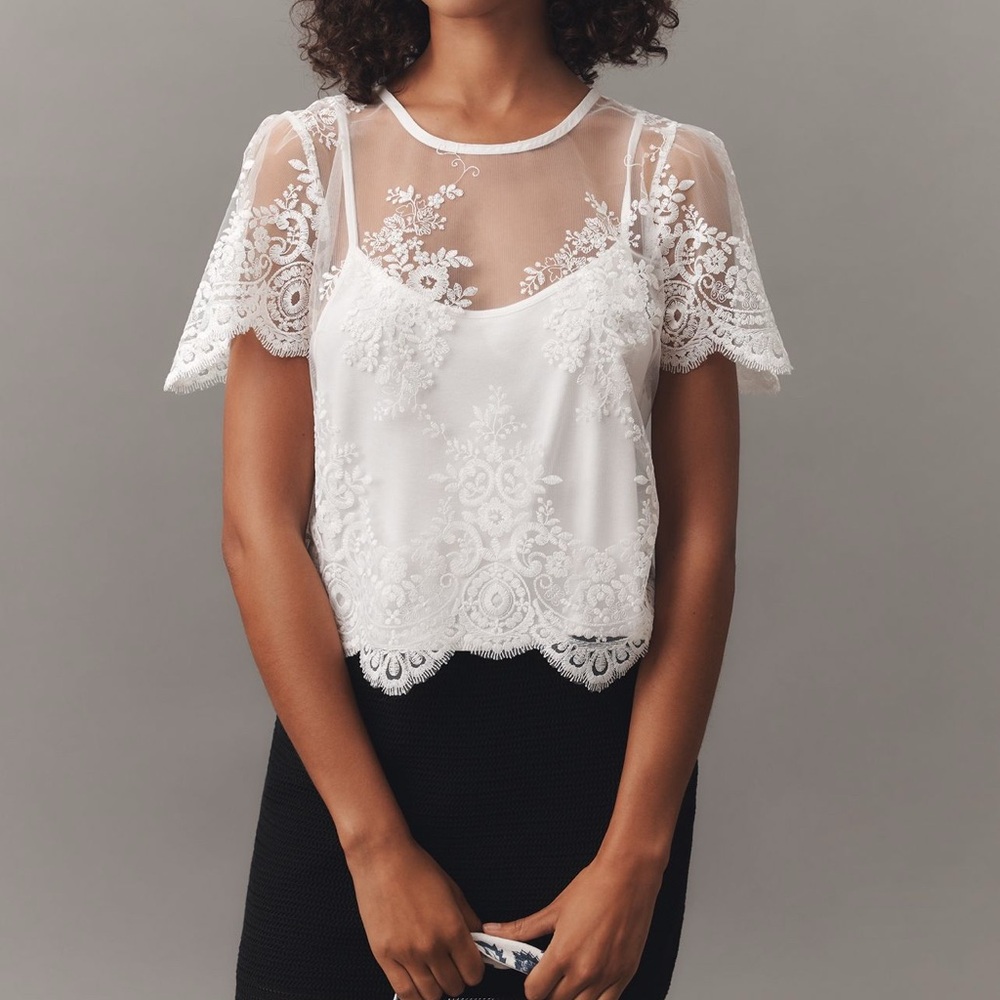 Anthropologie White Short Sleeve Sheer Lace Top
